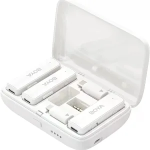 BOYALINK  White Sistema de micrófono inalámbrico doble con diseño todo-en-uno